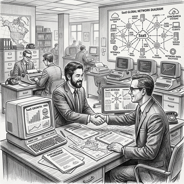Two SaaS founders shaking hands over partnership agreement with network diagrams and revenue charts — CoMarket.ing co-marketing platform illustration